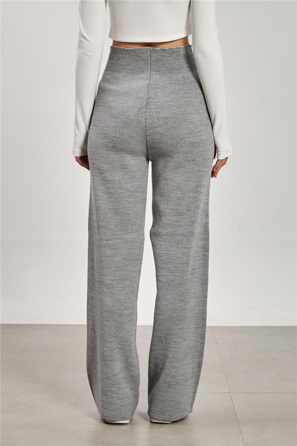 Kadın Bol Paça Triko Pantolon - Gri