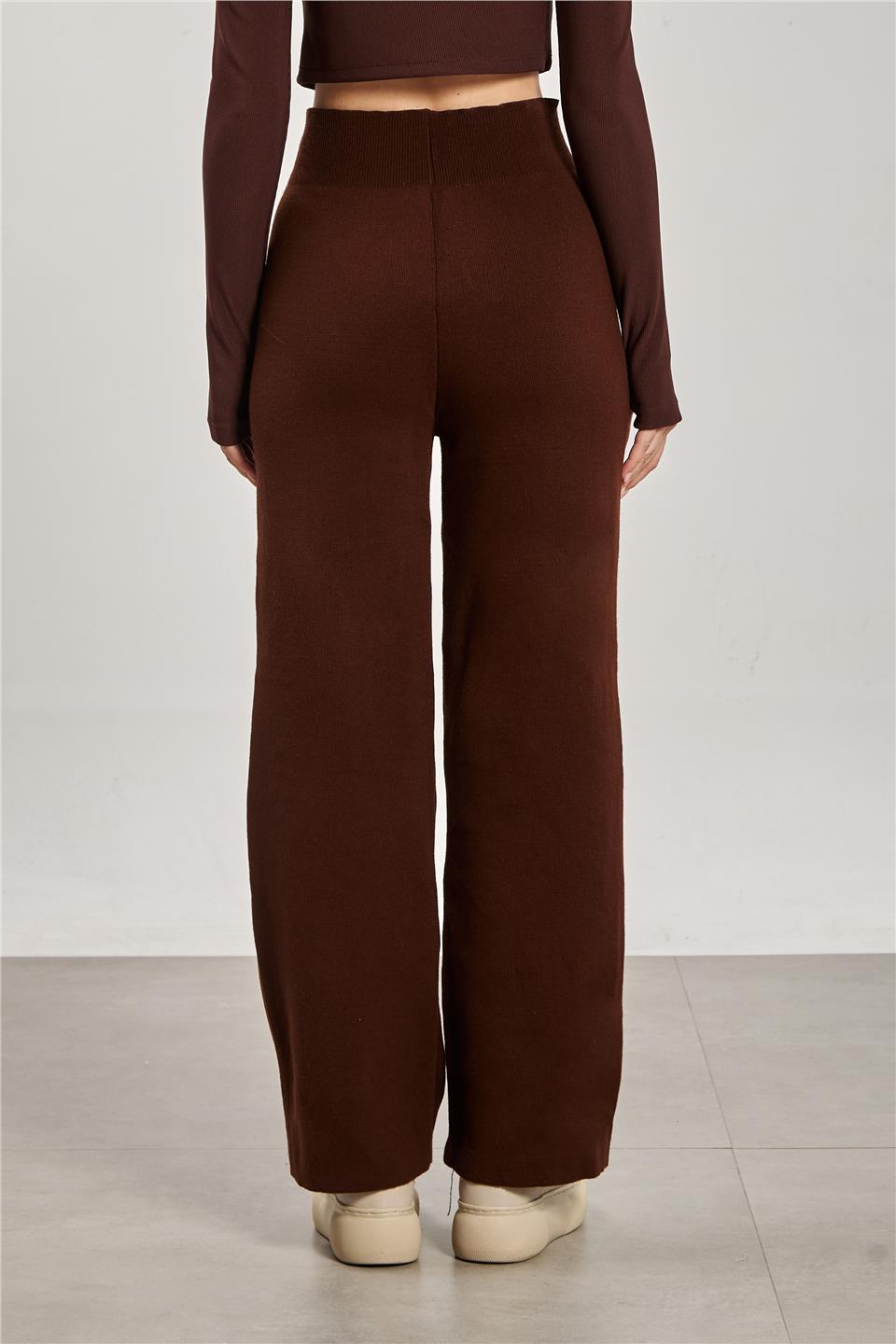 Kadın Bol Paça Triko Pantolon - Kahve