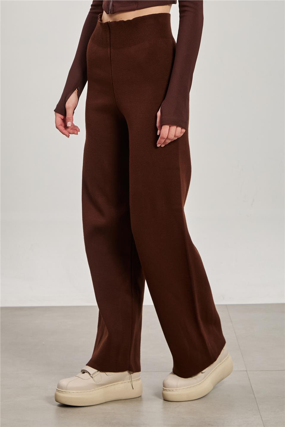 Kadın Bol Paça Triko Pantolon - Kahve