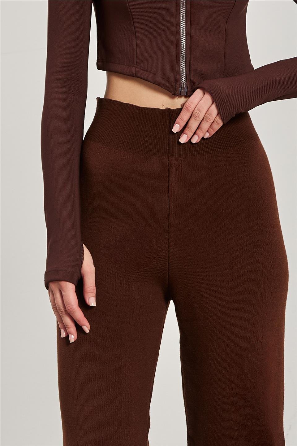 Kadın Bol Paça Triko Pantolon - Kahve
