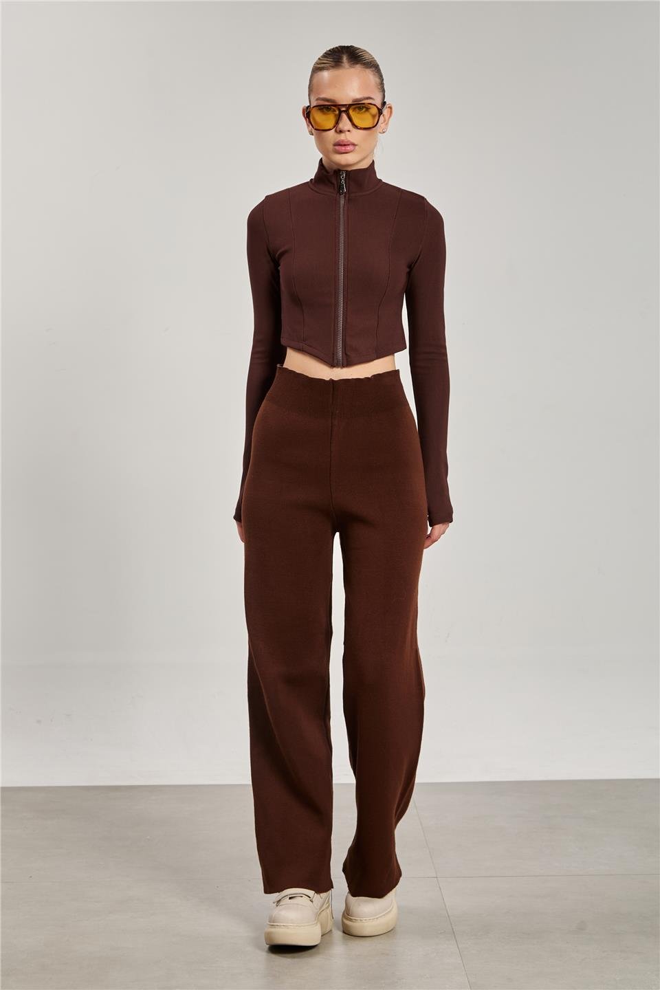 Kadın Bol Paça Triko Pantolon - Kahve