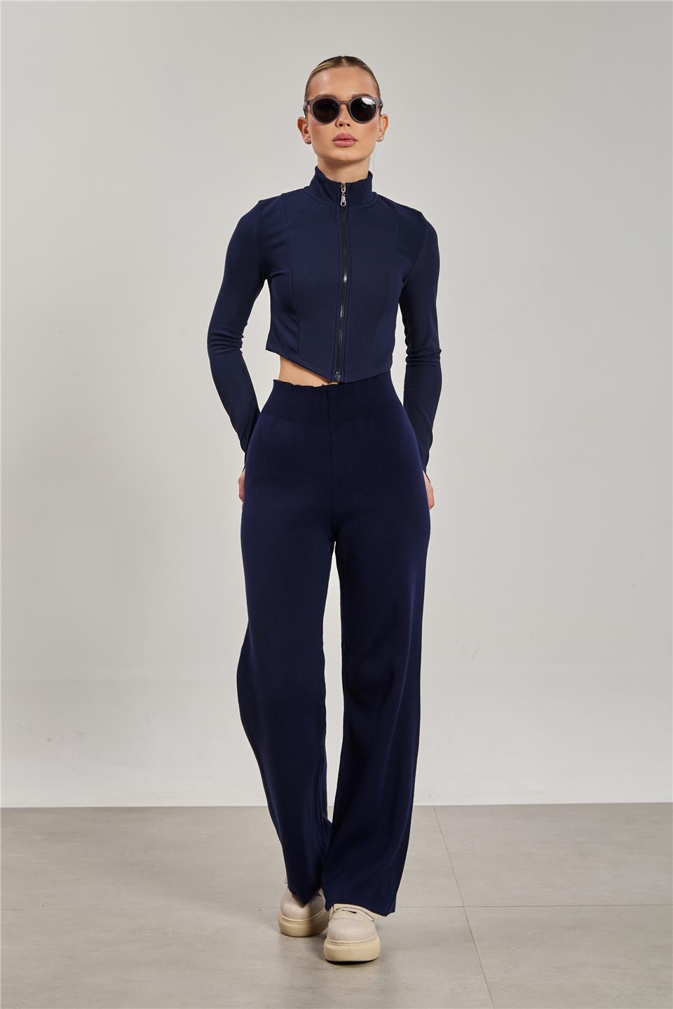 Kadın Bol Paça Triko Pantolon - Lacivert