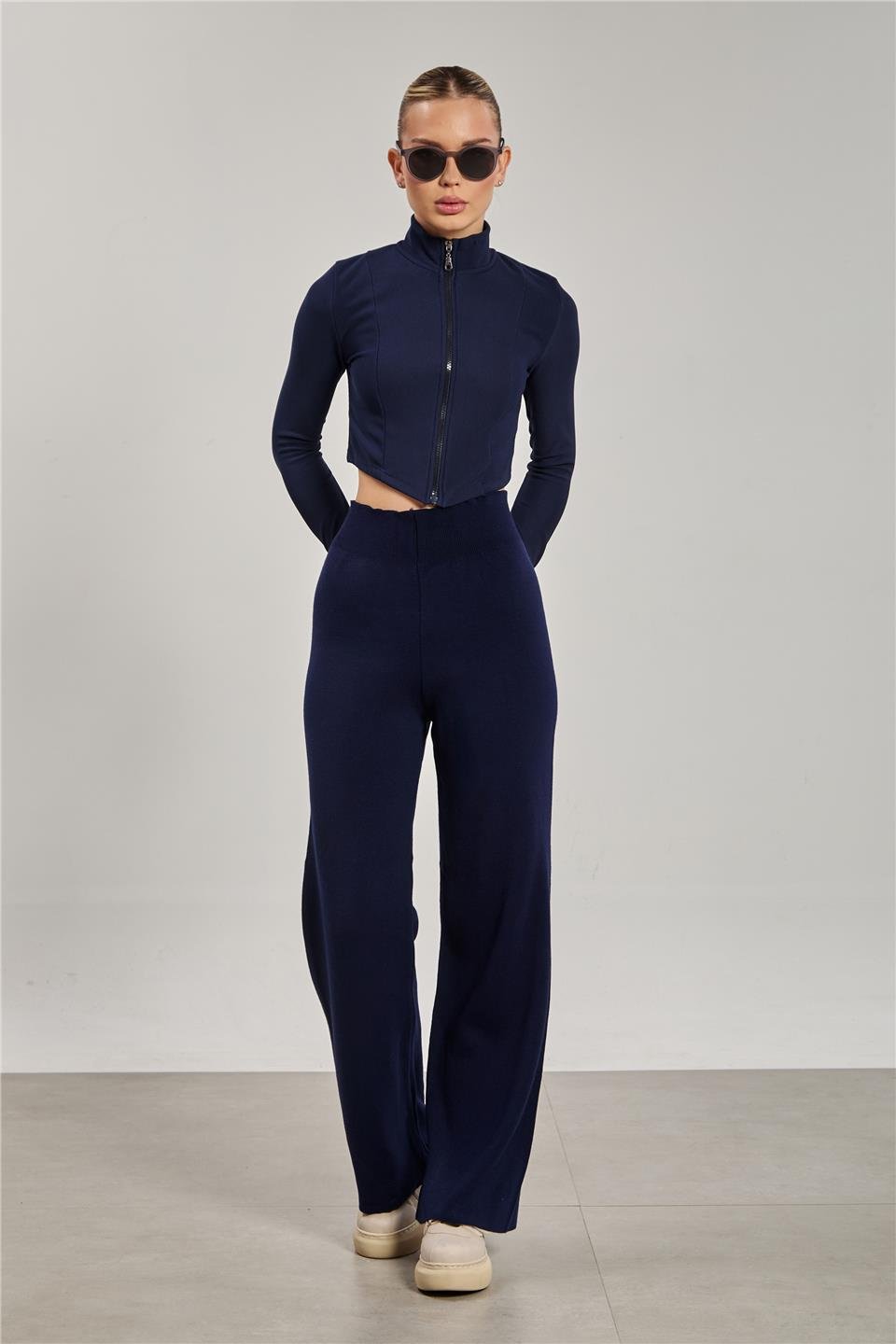 Kadın Bol Paça Triko Pantolon - Lacivert