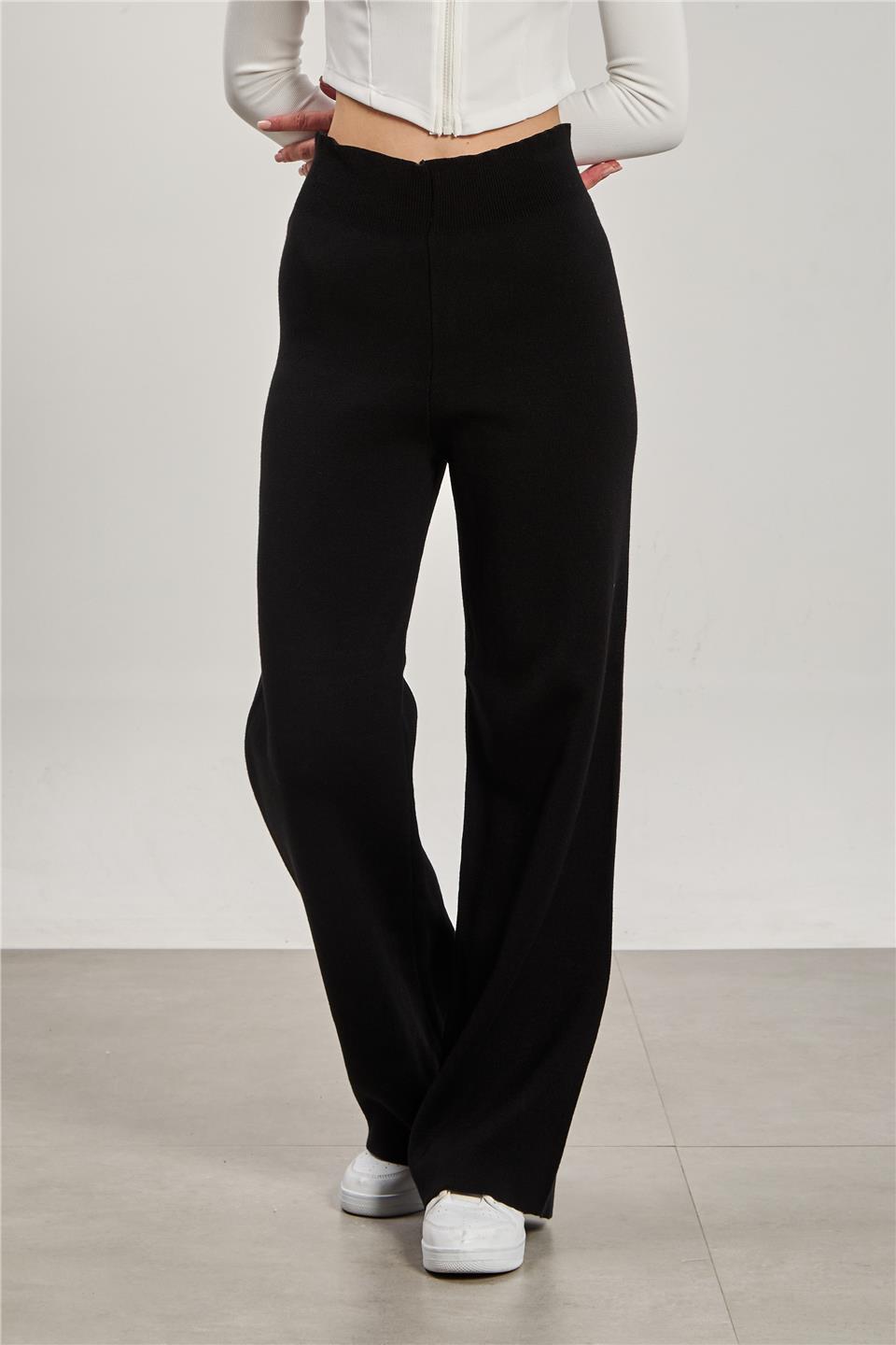 Kadın Bol Paça Triko Pantolon - Siyah