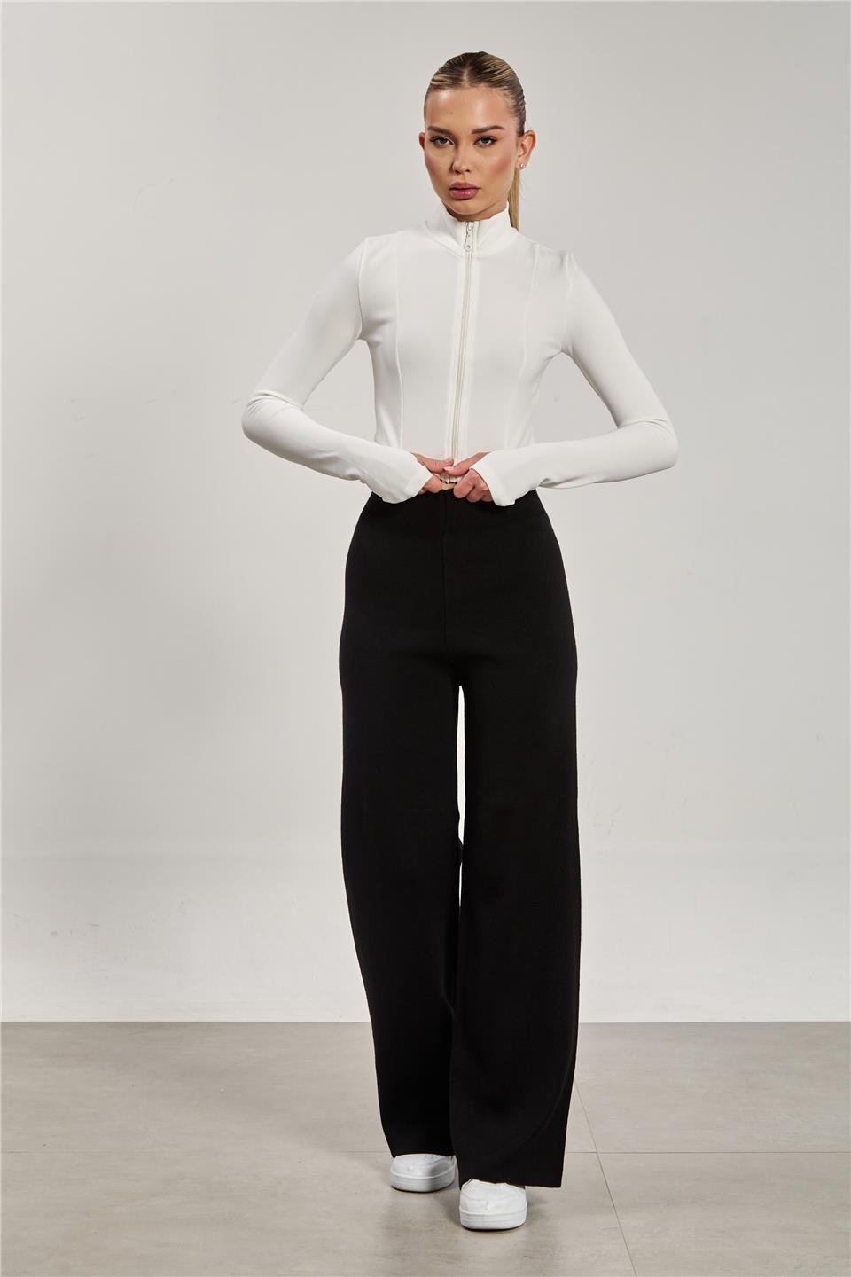 Kadın Bol Paça Triko Pantolon - Siyah