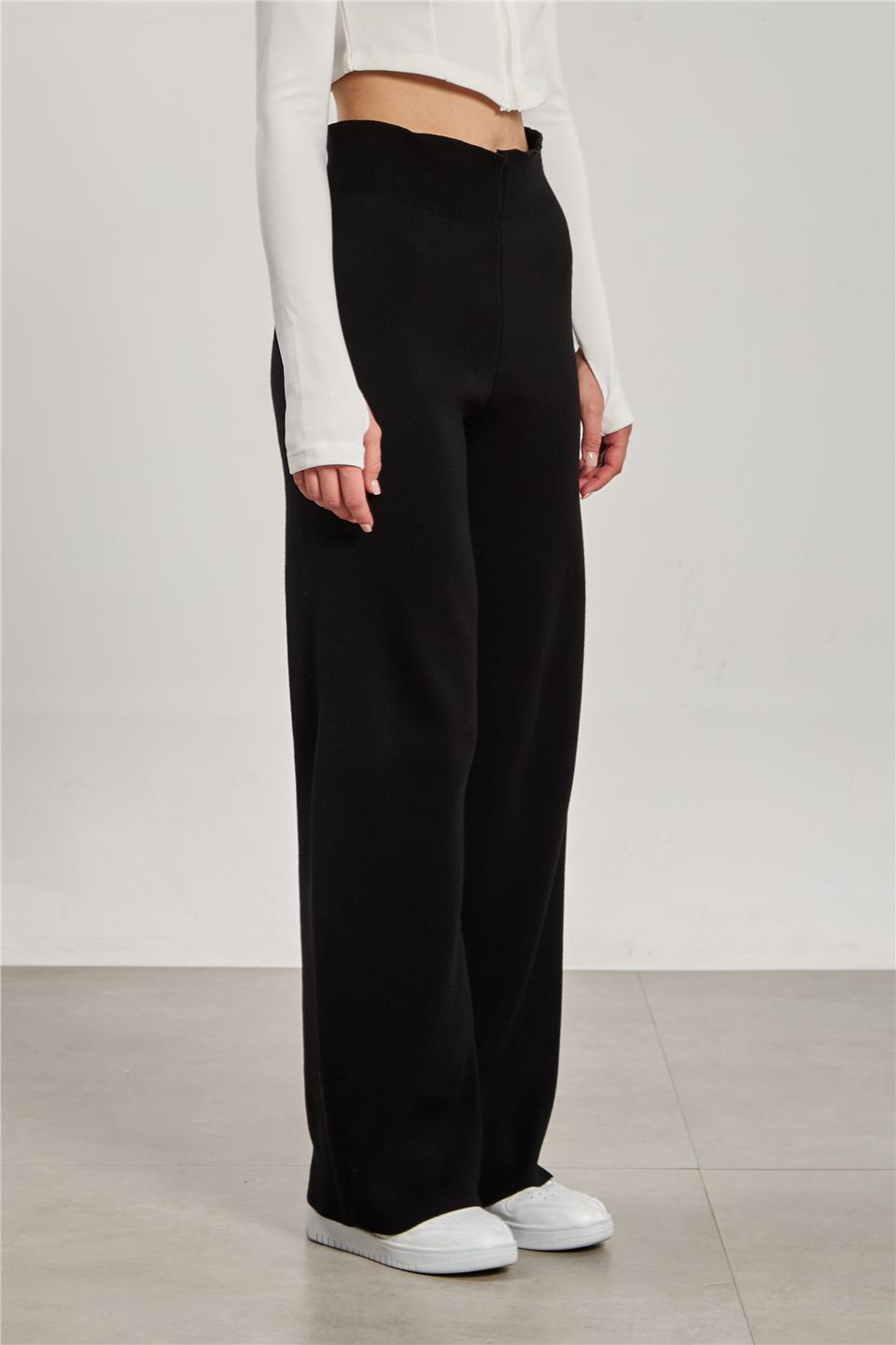 Kadın Bol Paça Triko Pantolon - Siyah