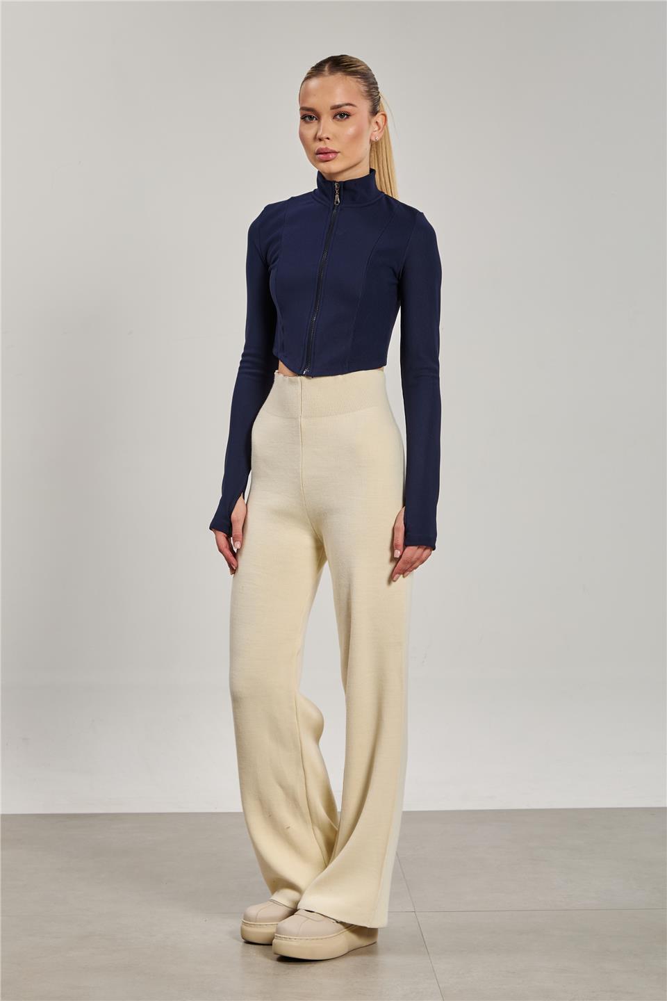 Kadın Bol Paça Triko Pantolon - Taş Rengi