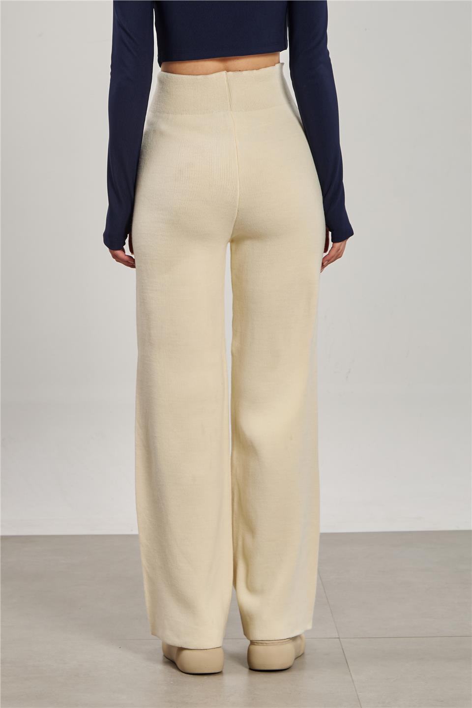 Kadın Bol Paça Triko Pantolon - Taş Rengi