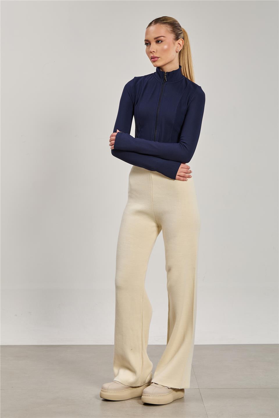 Kadın Bol Paça Triko Pantolon - Taş Rengi