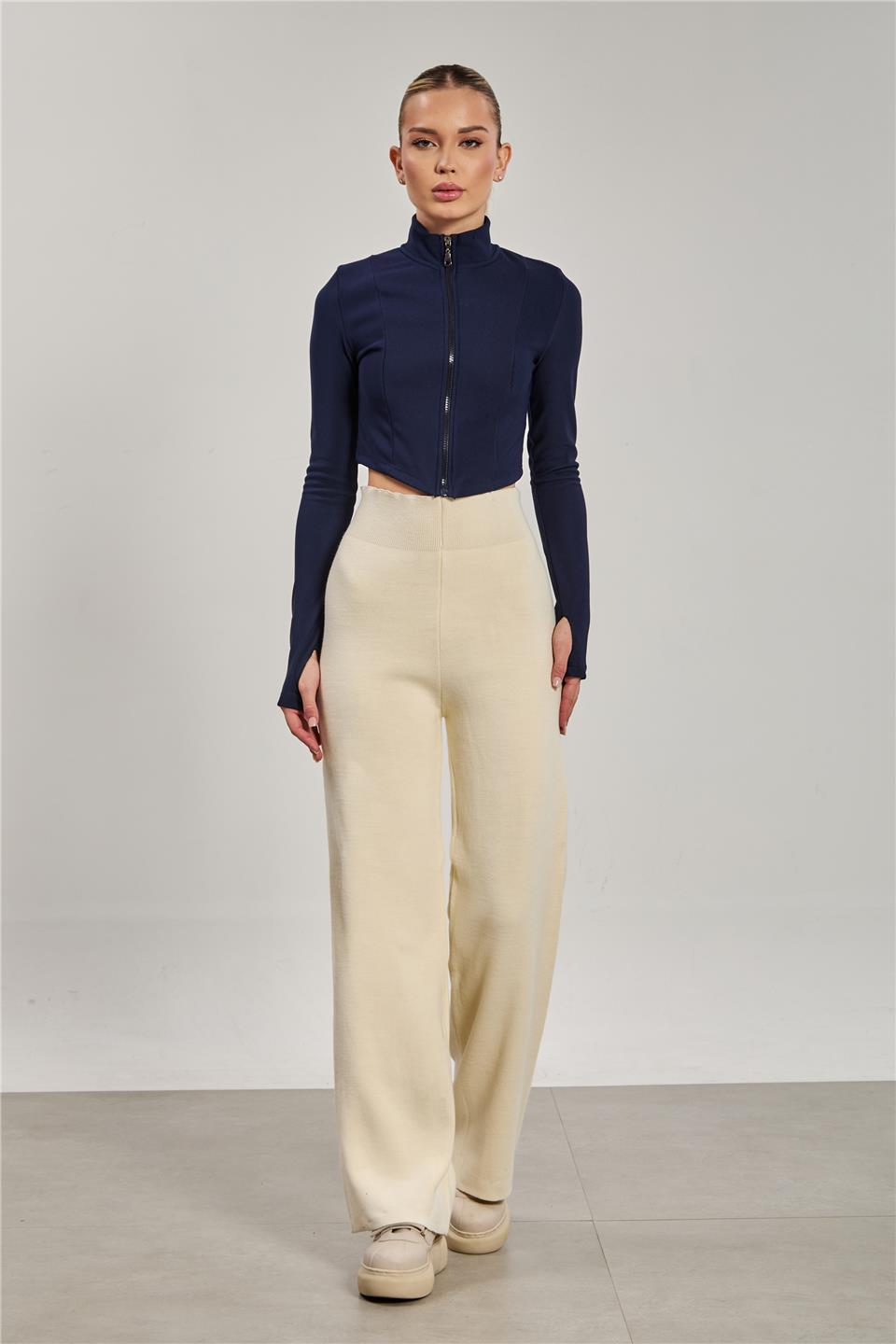 Kadın Bol Paça Triko Pantolon - Taş Rengi