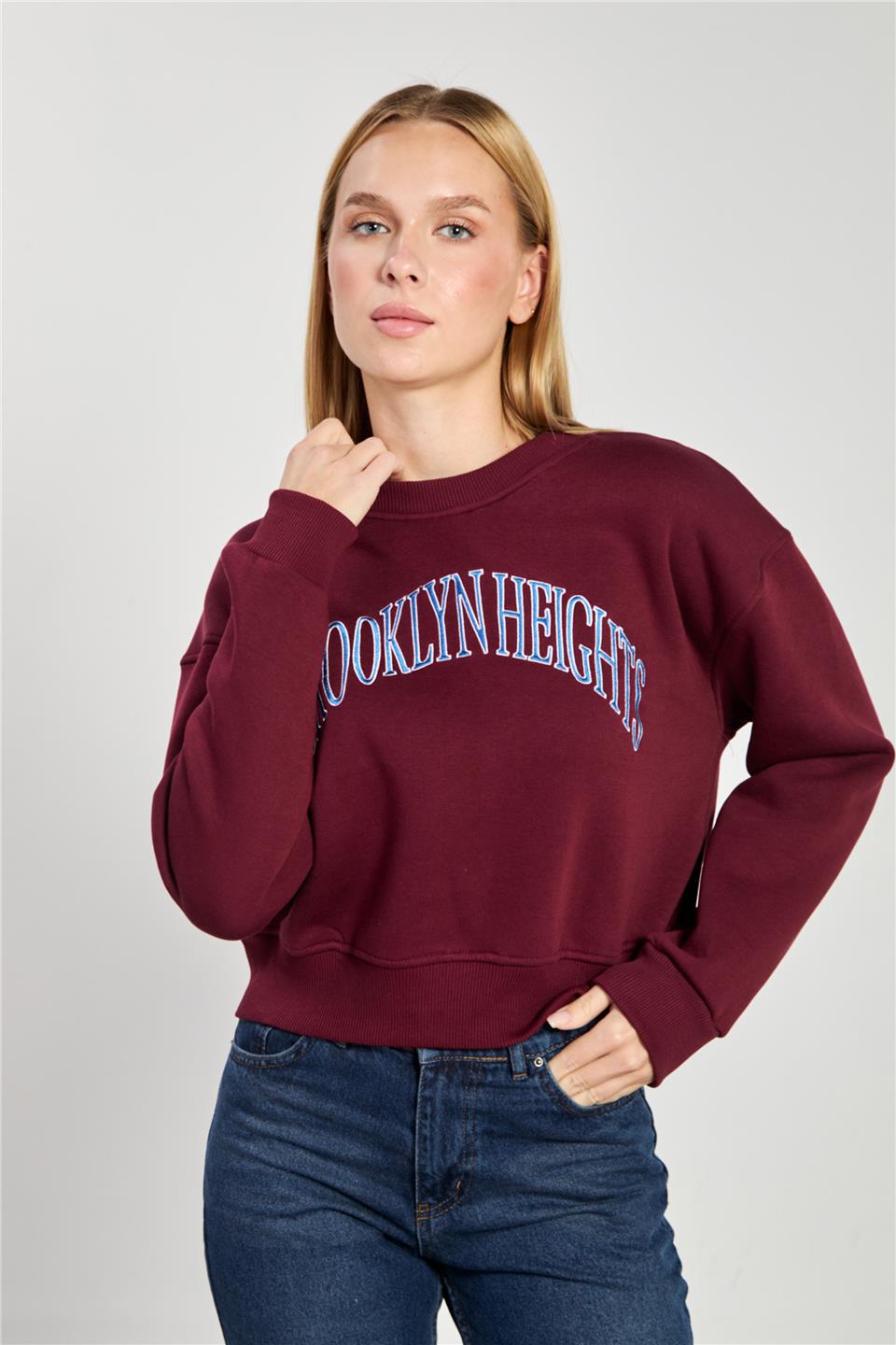 Kadın Brooklyn Yazılı Sweatshirt - Vişne