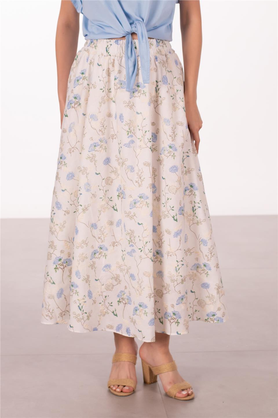 Kadın Çiçek Desenli Midi Etek - Ekru