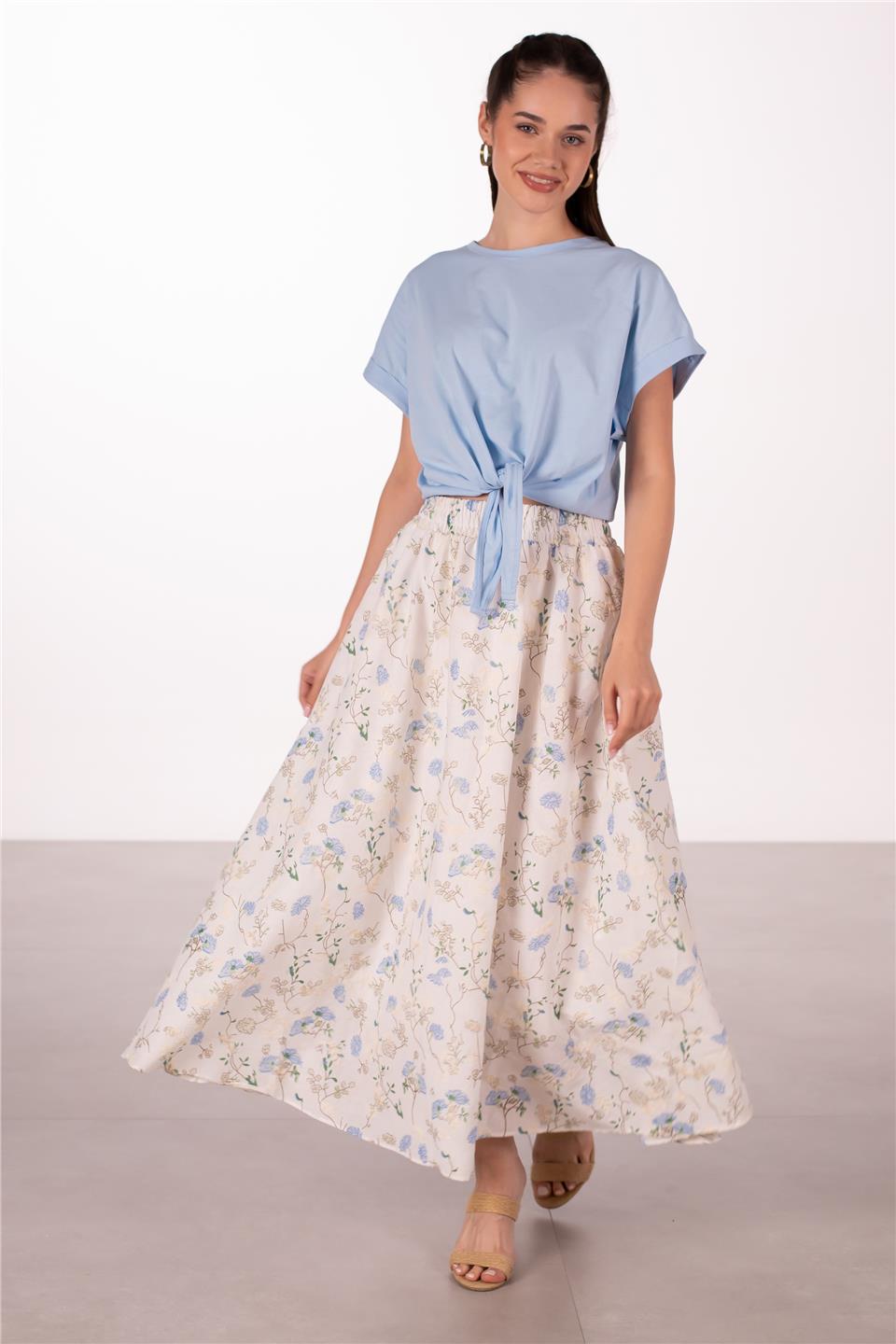 Kadın Çiçek Desenli Midi Etek - Ekru
