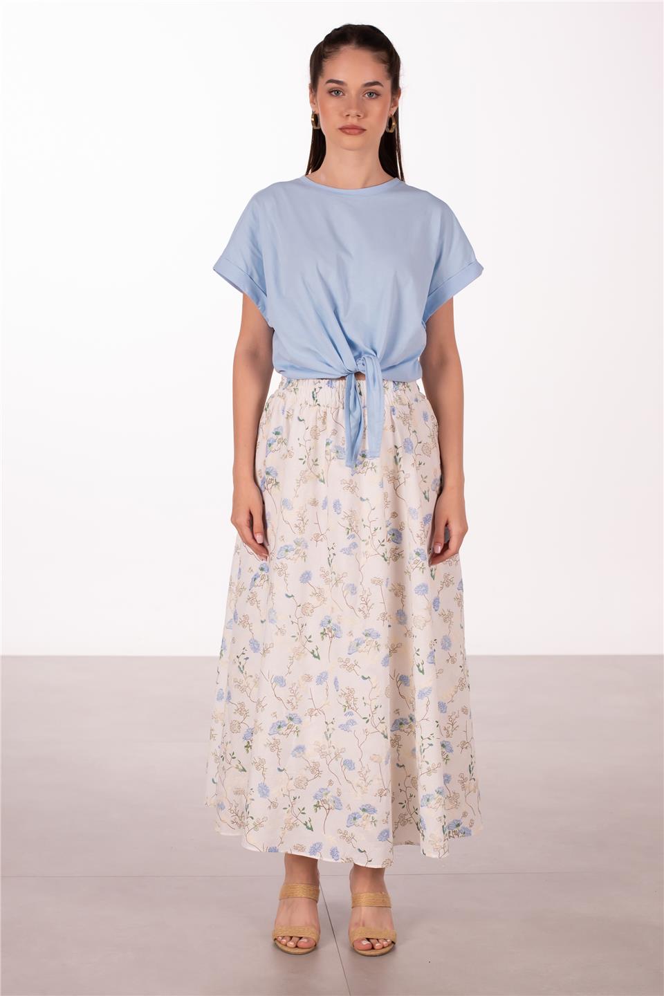 Kadın Çiçek Desenli Midi Etek - Ekru