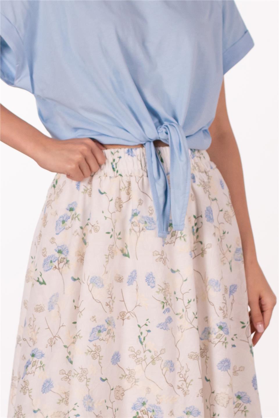 Kadın Çiçek Desenli Midi Etek - Ekru