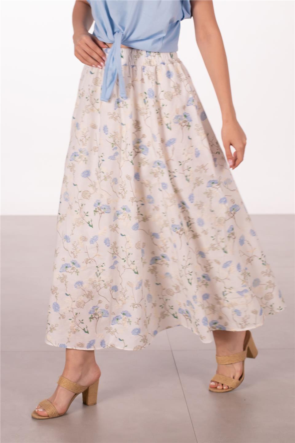 Kadın Çiçek Desenli Midi Etek - Ekru
