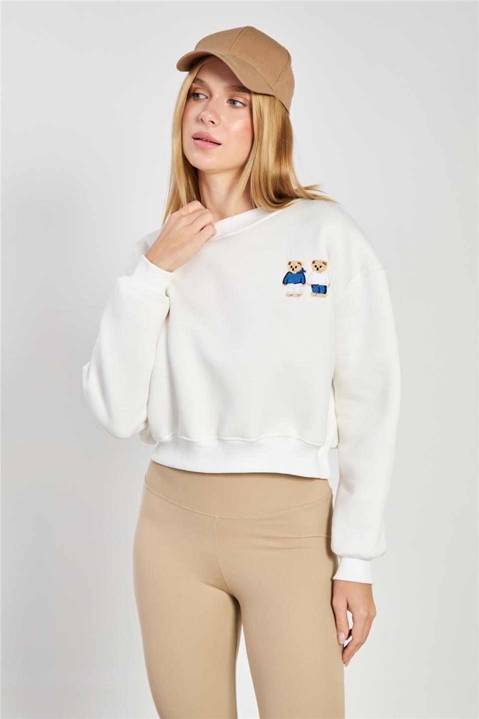 Kadın Çift Ayı Baskılı Kısa Sweatshirt - Ekru