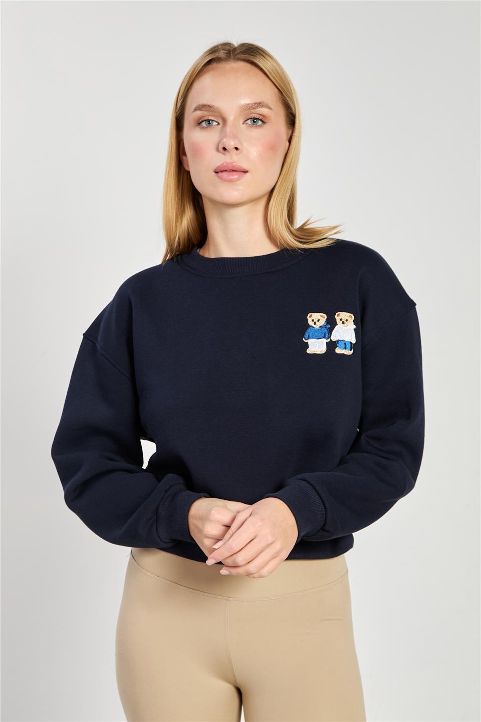 Kadın Çift Ayı Baskılı Kısa Sweatshirt - Lacivert