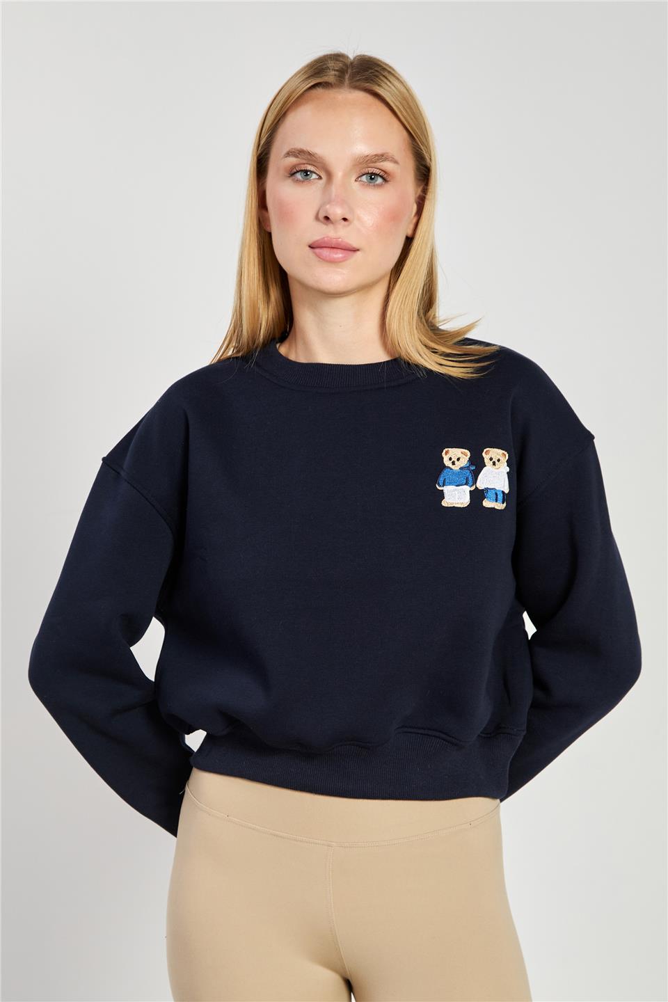 Kadın Çift Ayı Baskılı Kısa Sweatshirt - Lacivert