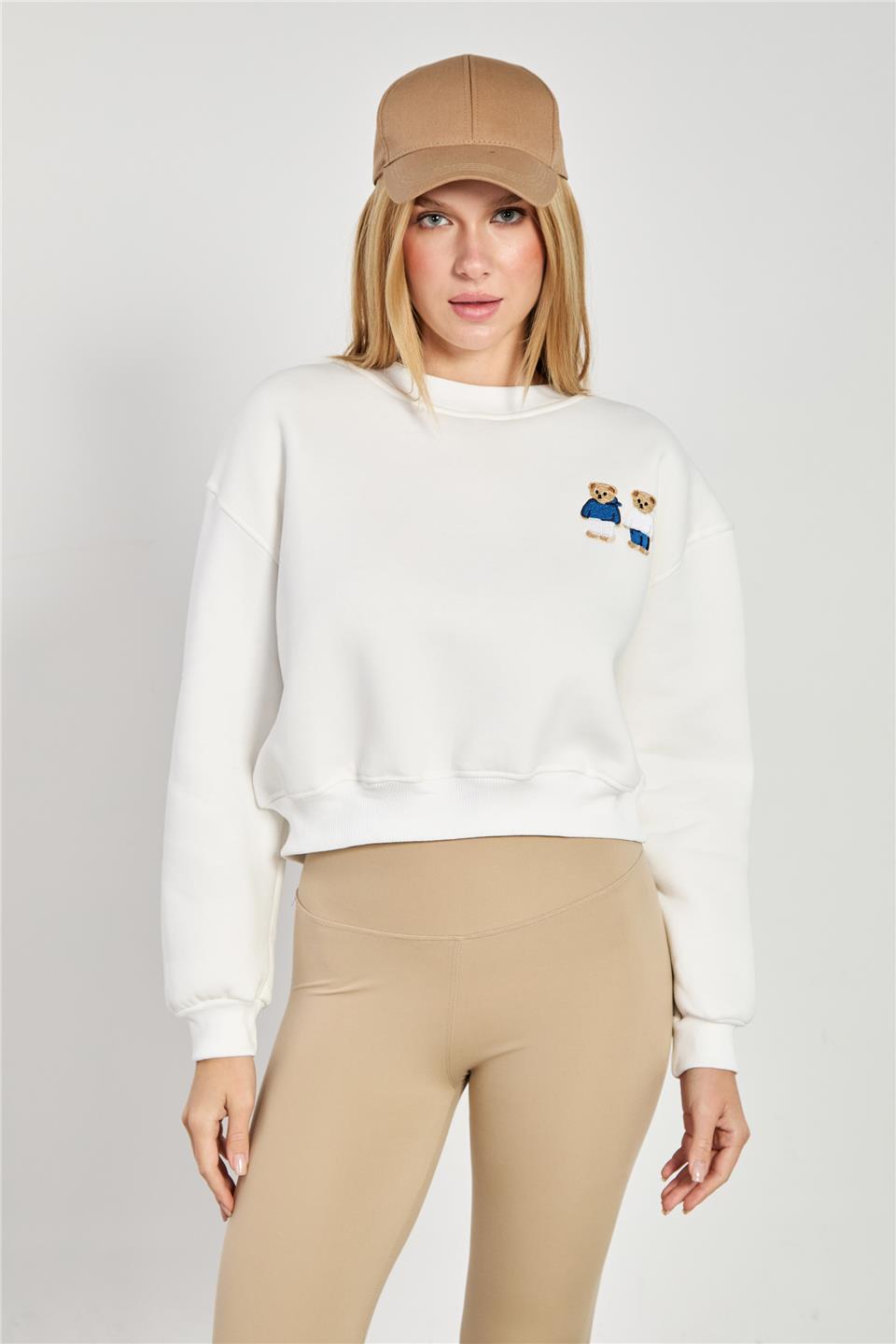 Kadın Çift Ayı Baskılı Kısa Sweatshirt - Ekru
