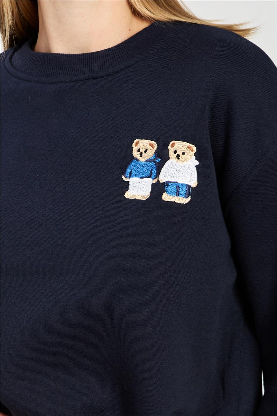 Kadın Çift Ayı Baskılı Kısa Sweatshirt - Lacivert