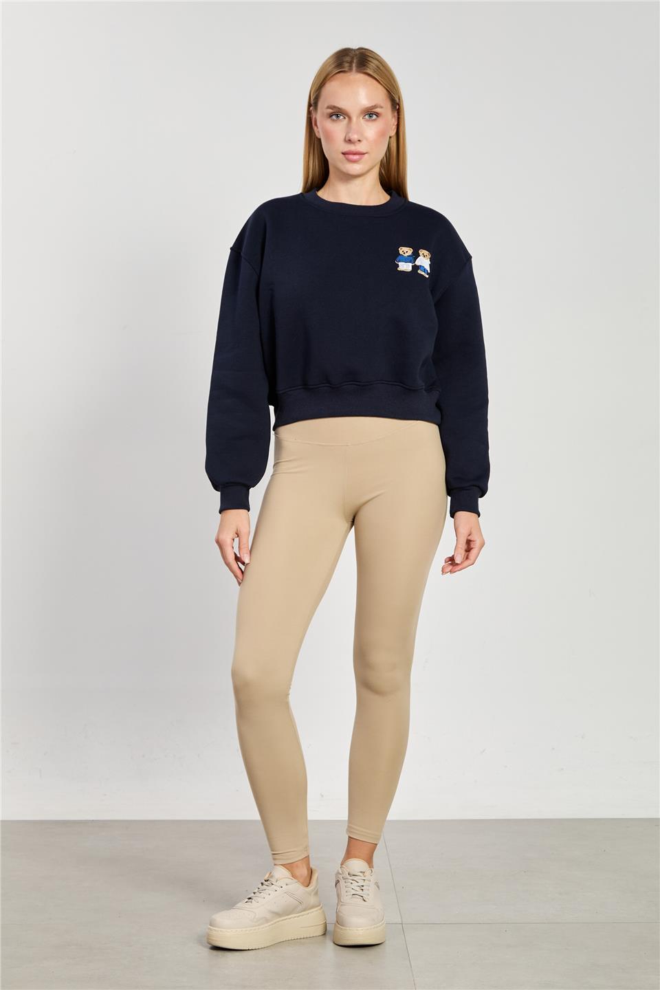 Kadın Çift Ayı Baskılı Kısa Sweatshirt - Lacivert