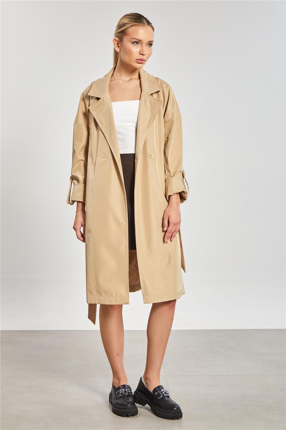 Çift Düğmeli Kruvaze Yaka Kadın Trençkot - Taş Rengi