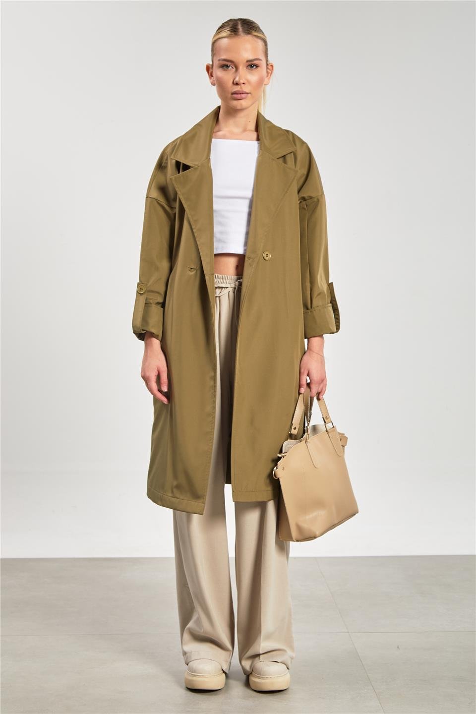 Kadın Çift Düğmeli Kruvaze Yaka Trençkot - Haki
