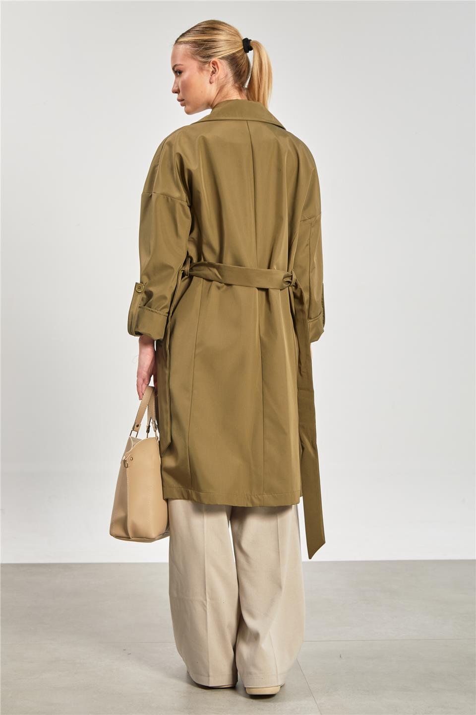 Kadın Çift Düğmeli Kruvaze Yaka Trençkot - Haki