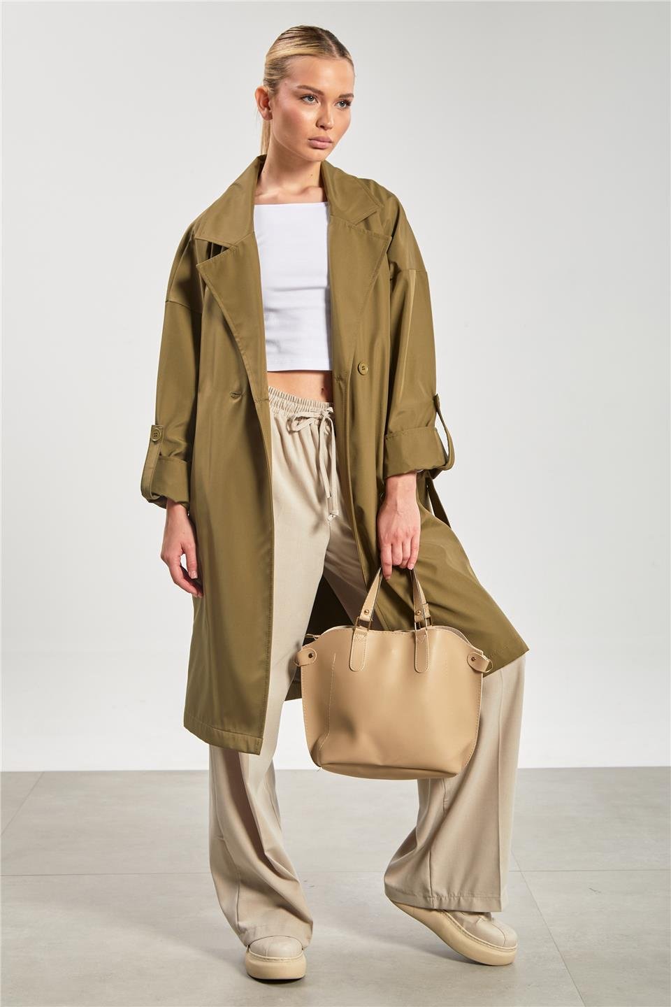 Kadın Çift Düğmeli Kruvaze Yaka Trençkot - Haki