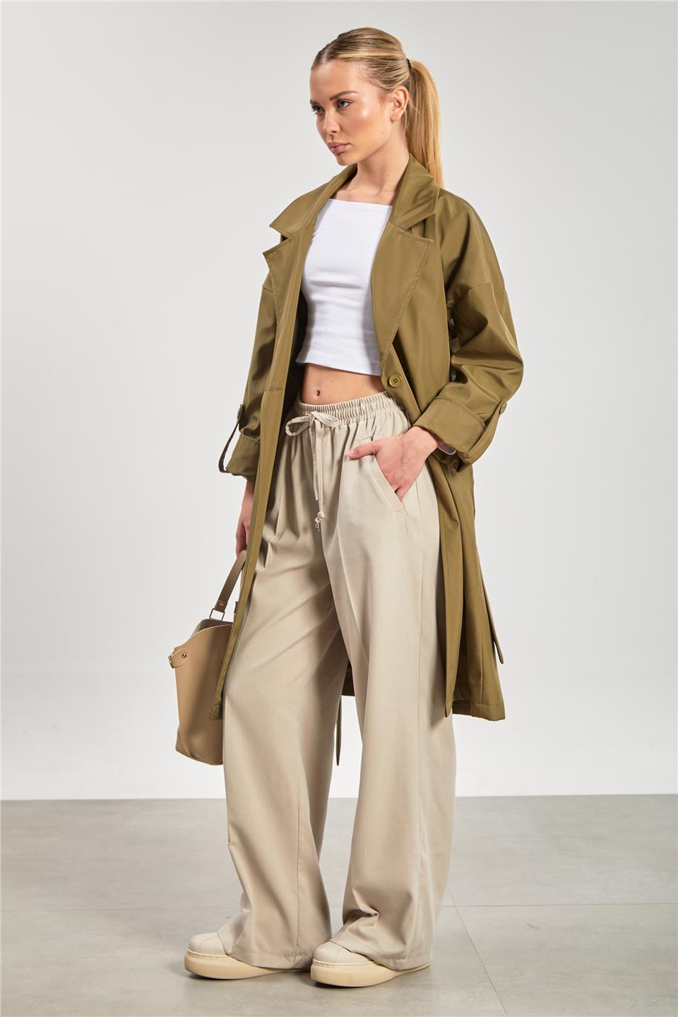 Kadın Çift Düğmeli Kruvaze Yaka Trençkot - Haki