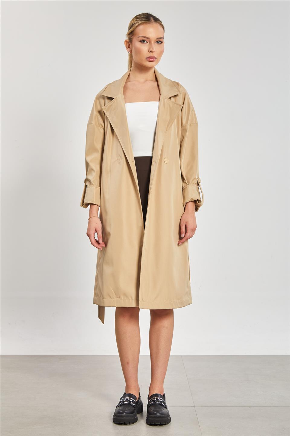 Çift Düğmeli Kruvaze Yaka Kadın Trençkot - Taş Rengi