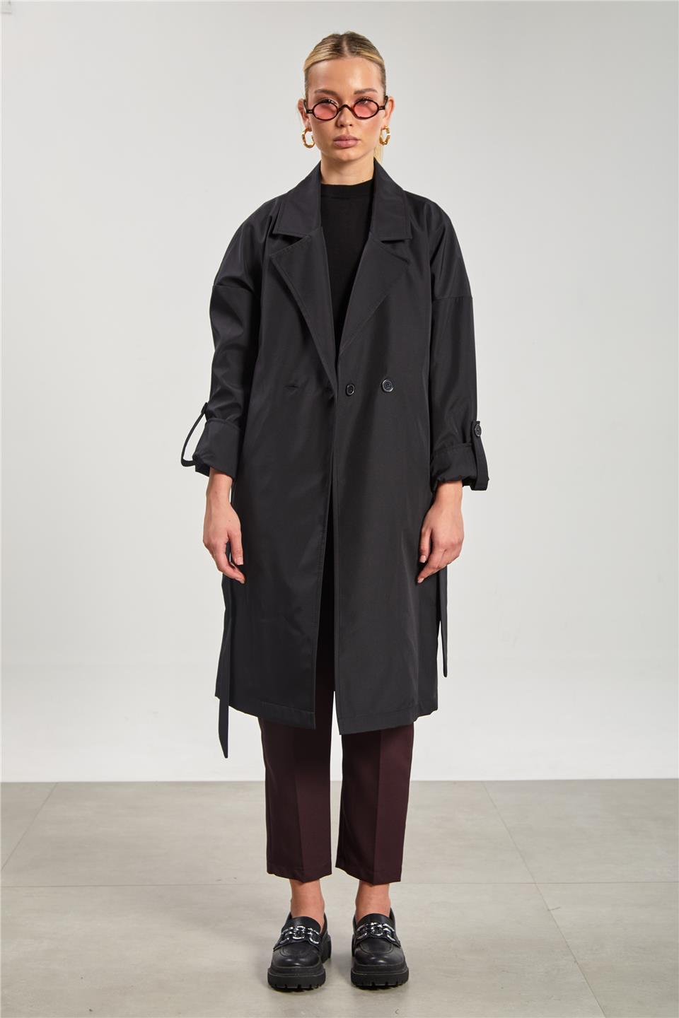 Kadın Çift Düğmeli Kruvaze Yaka Trençkot - Siyah