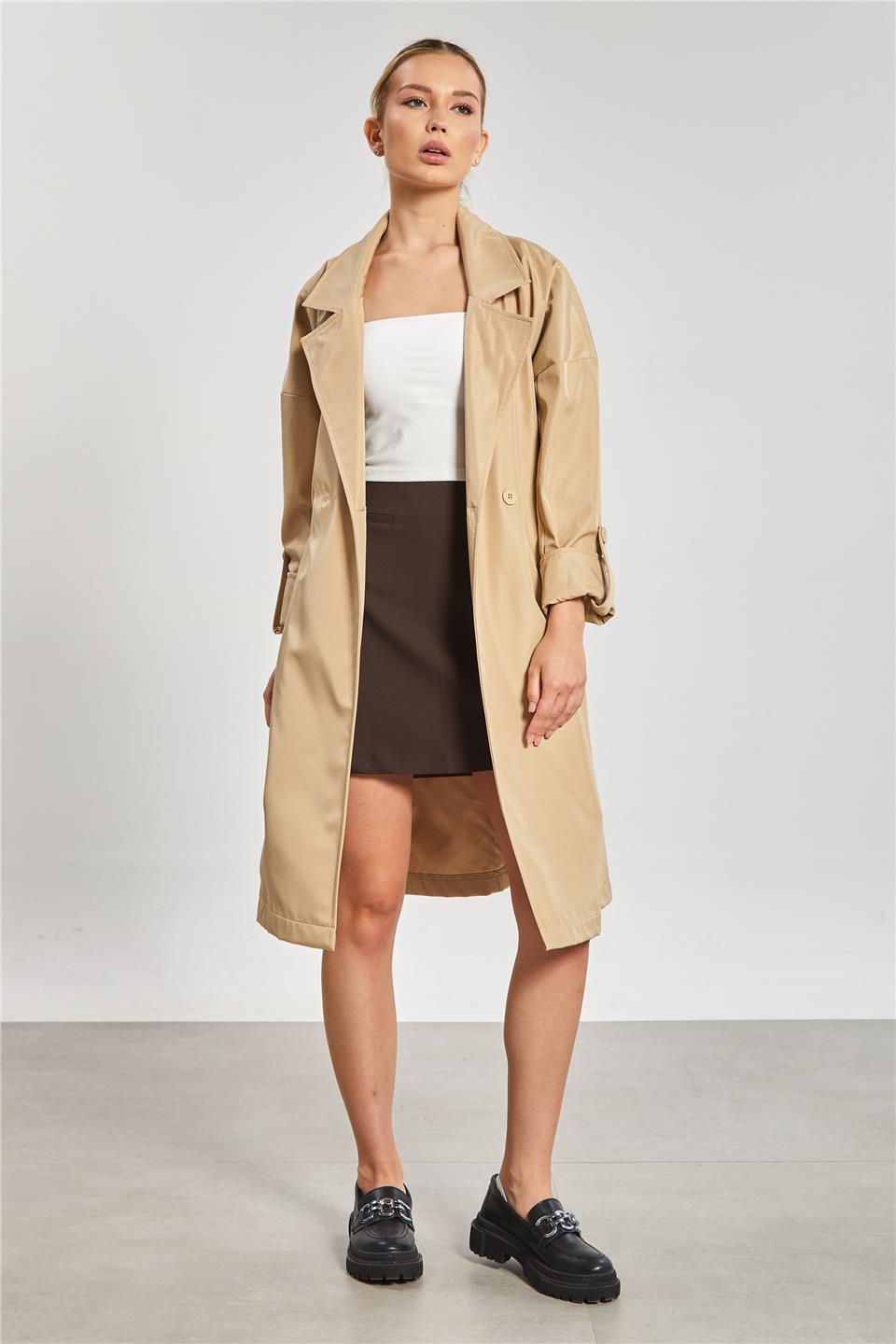 Çift Düğmeli Kruvaze Yaka Kadın Trençkot - Taş Rengi