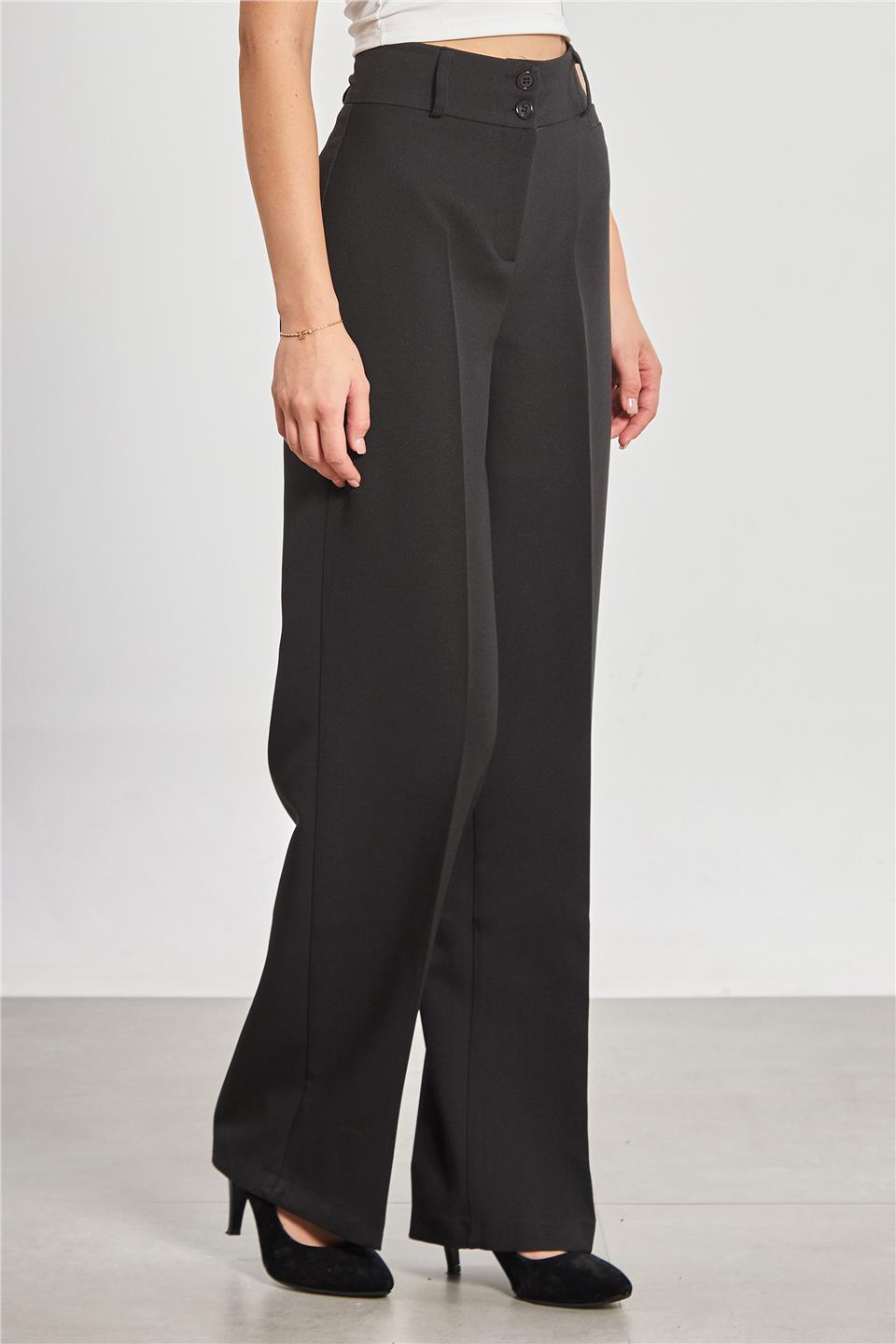 Çift Düğmeli Kadın Kumaş Pantolon - Siyah