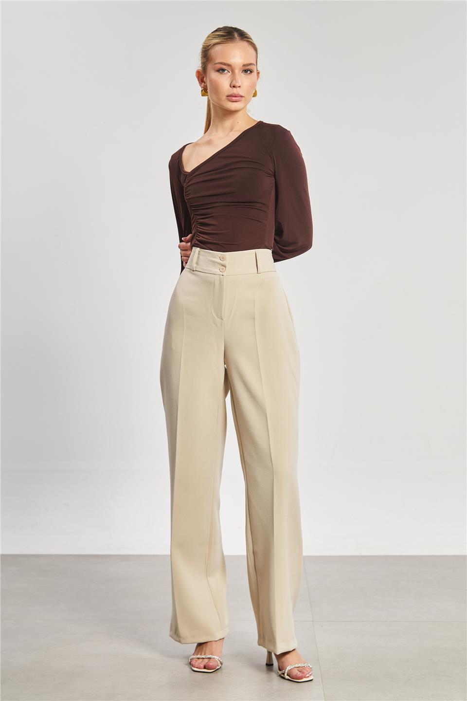 Çift Düğmeli Kadın Kumaş Pantolon - Taş