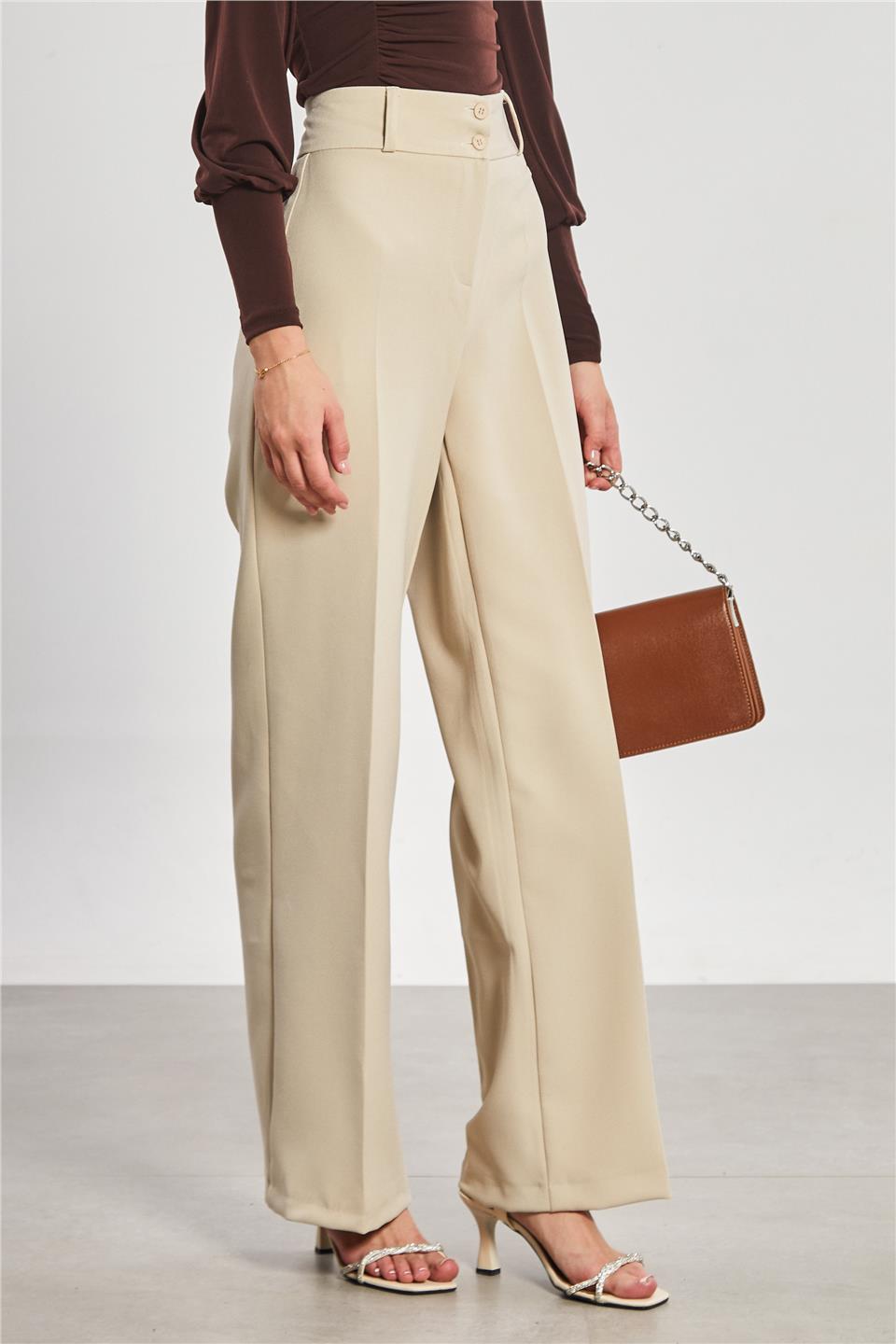 Çift Düğmeli Kadın Kumaş Pantolon - Taş