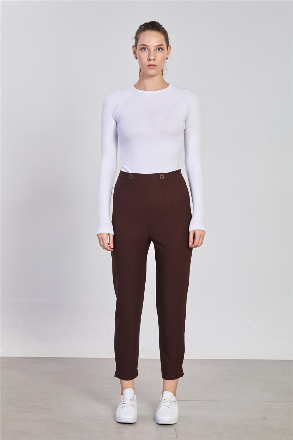 Kadın Çift Düğmeli Pantolon - Kahve