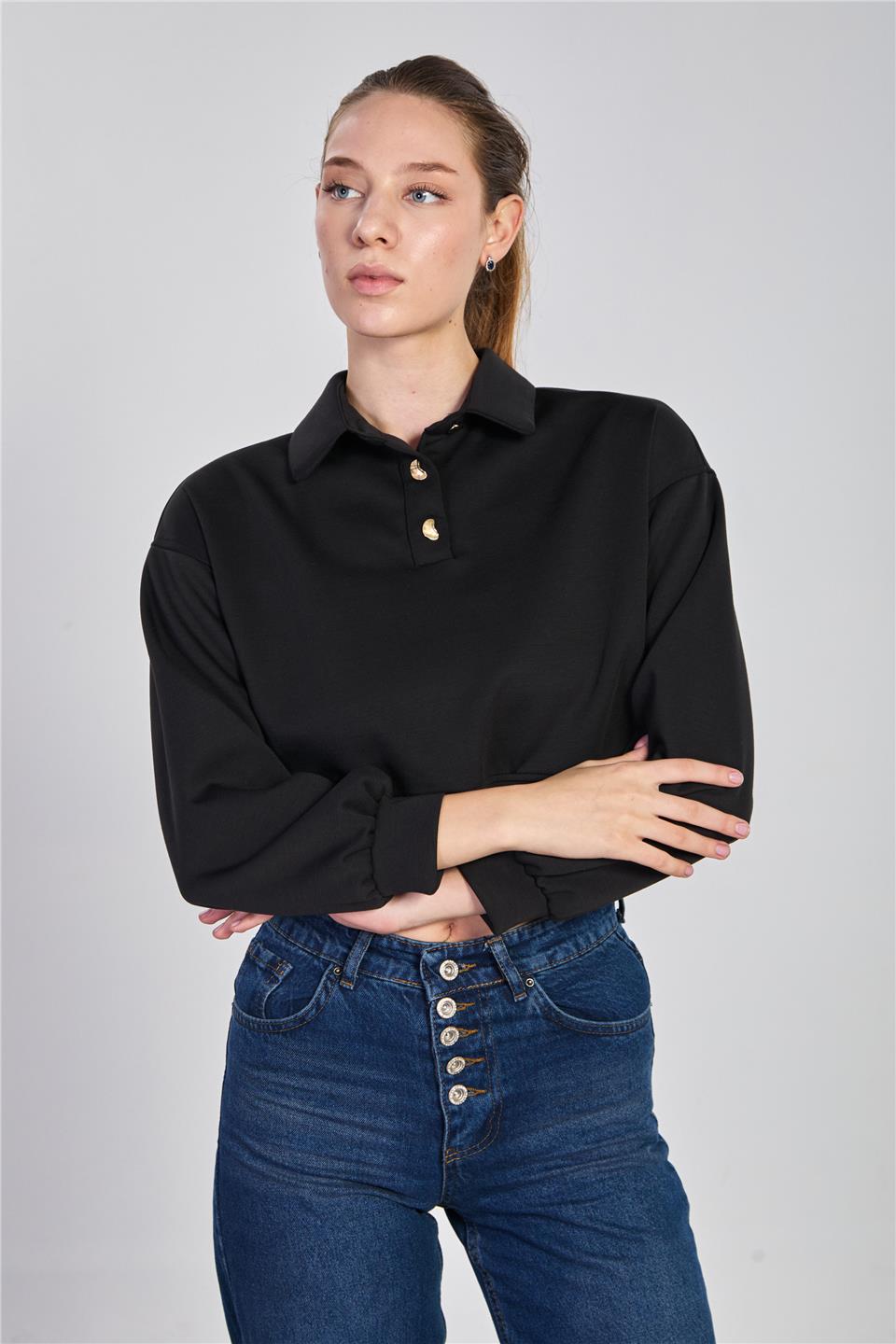 Kadın Çift Düğmeli Polo Yaka Sweatshirt - Siyah