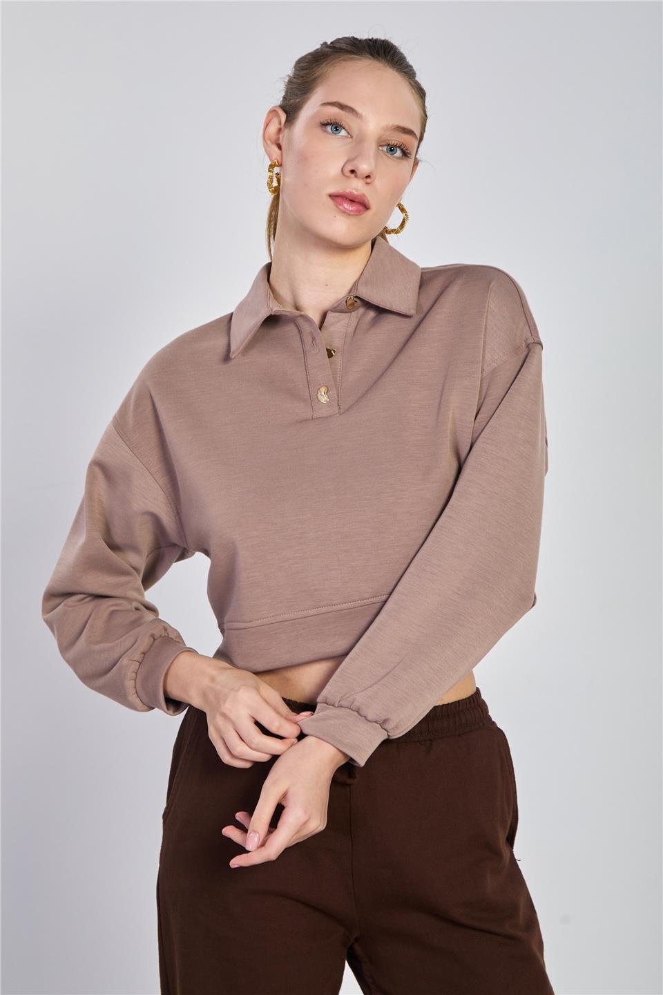 Kadın Çift Düğmeli Polo Yaka Sweatshirt - Kahve