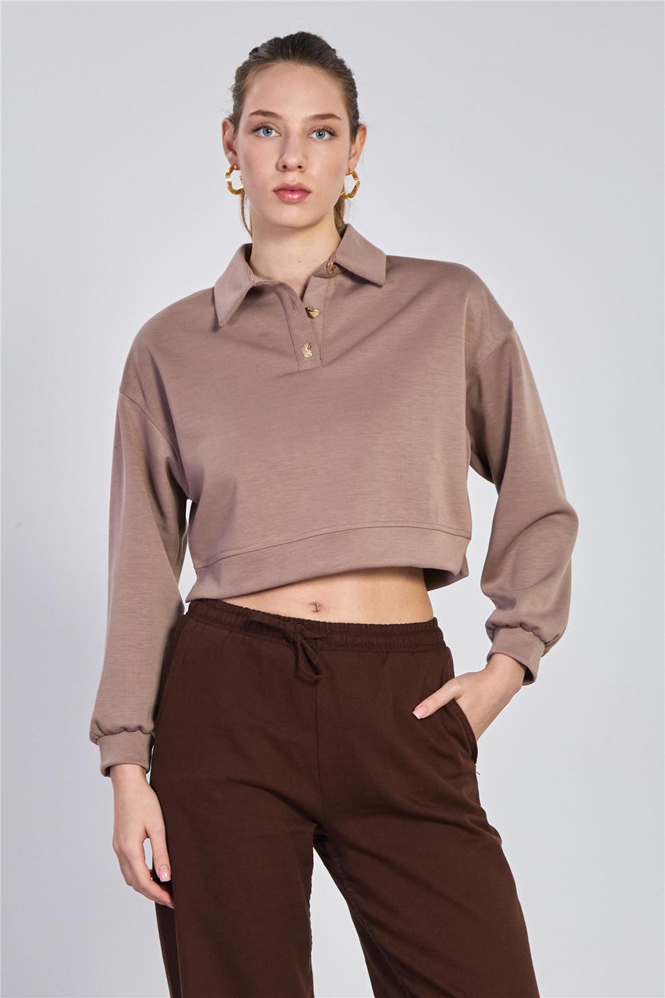 Kadın Çift Düğmeli Polo Yaka Sweatshirt - Kahve