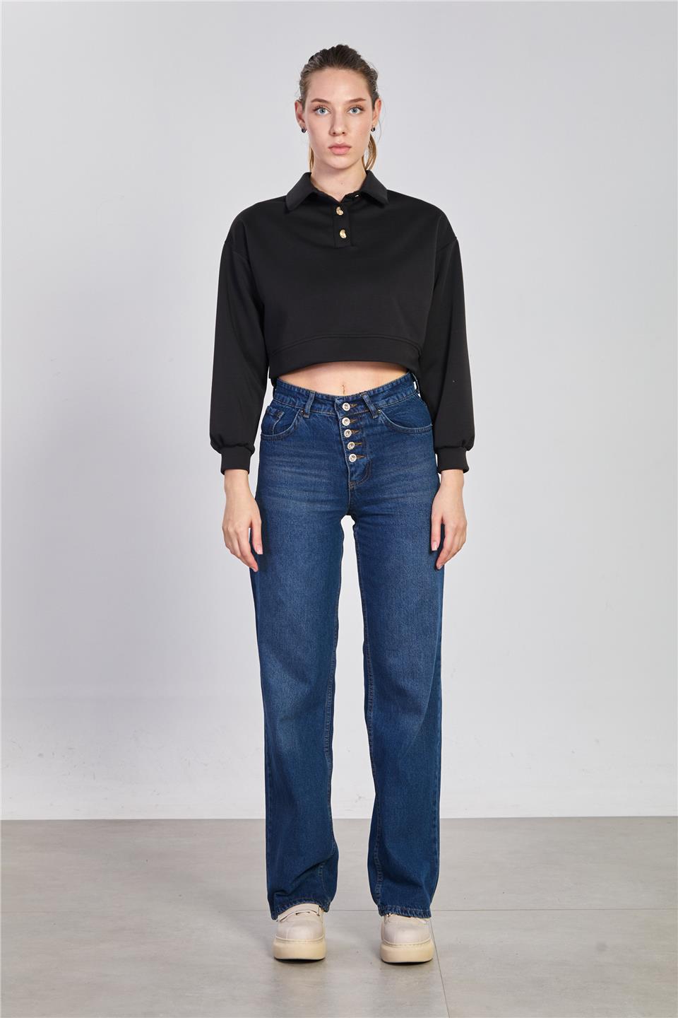 Kadın Çift Düğmeli Polo Yaka Sweatshirt - Siyah