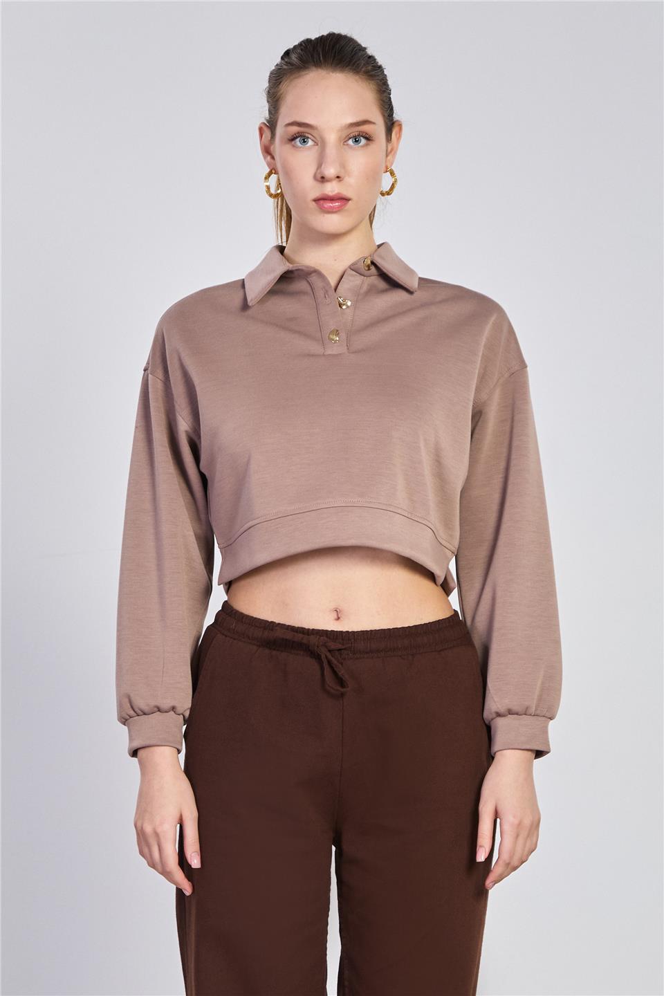 Kadın Çift Düğmeli Polo Yaka Sweatshirt - Kahve