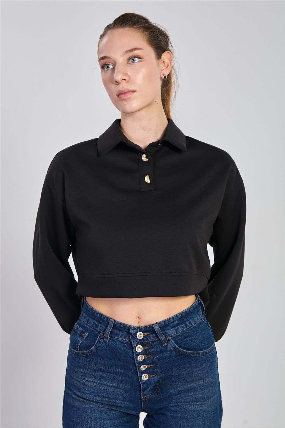 Kadın Çift Düğmeli Polo Yaka Sweatshirt - Siyah