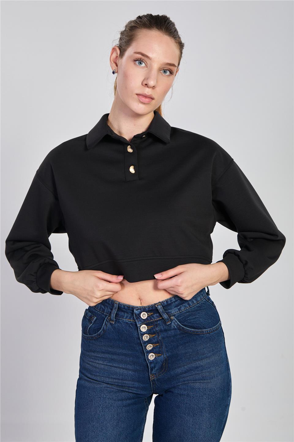 Kadın Çift Düğmeli Polo Yaka Sweatshirt - Siyah
