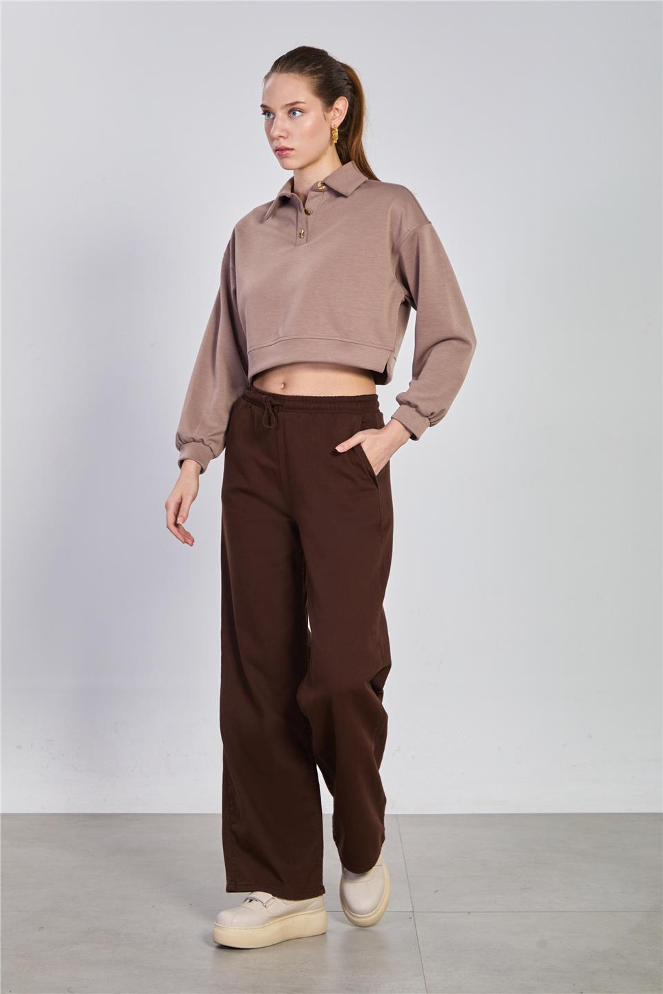 Kadın Çift Düğmeli Polo Yaka Sweatshirt - Kahve