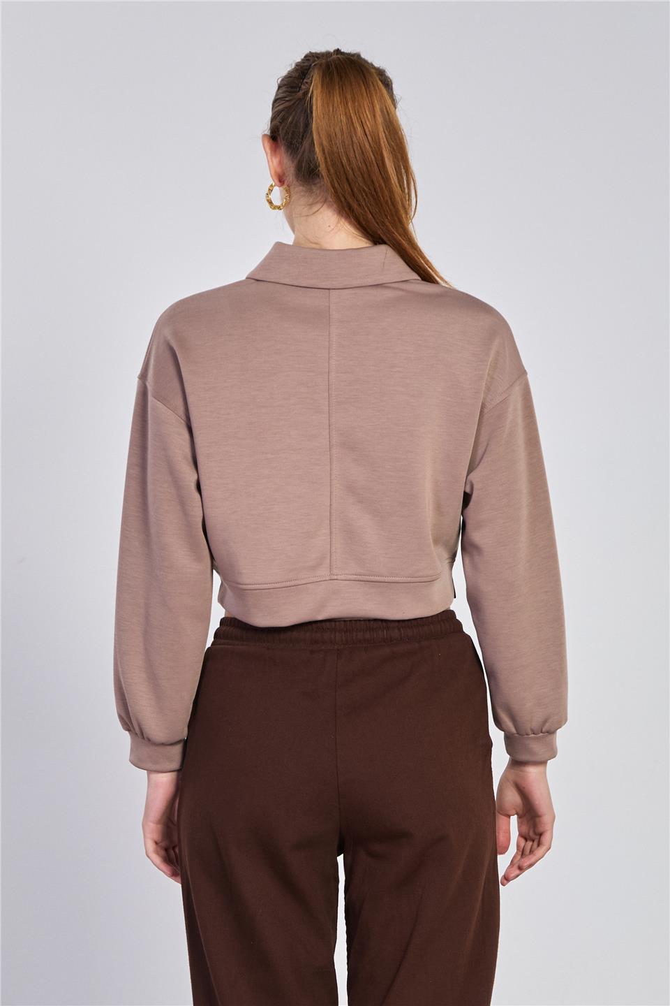 Kadın Çift Düğmeli Polo Yaka Sweatshirt - Kahve