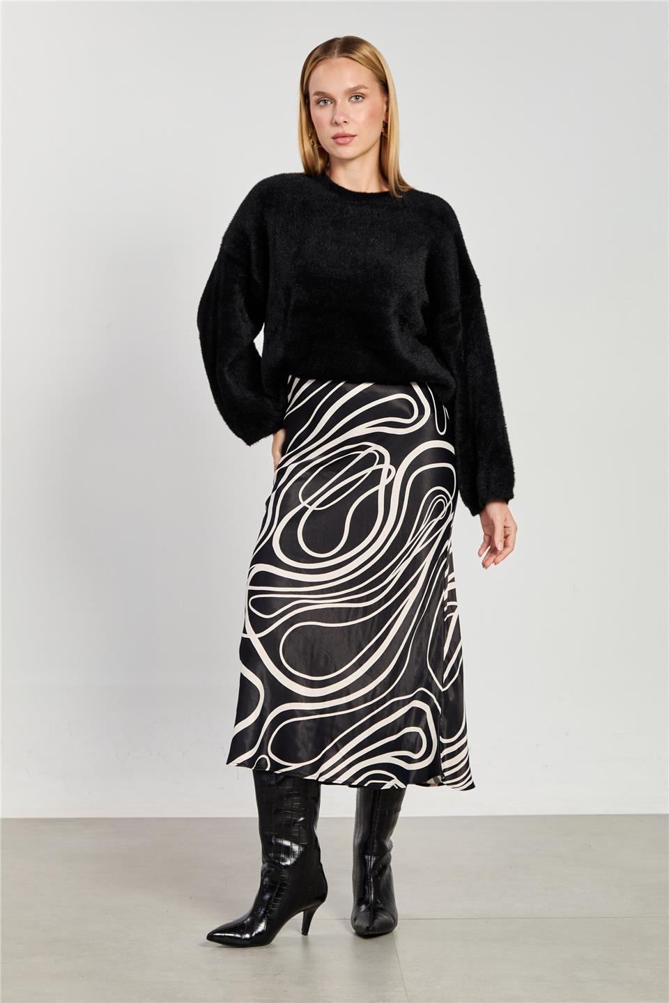 Kadın Çizgi Desen Midi Etek - Siyah Ekru