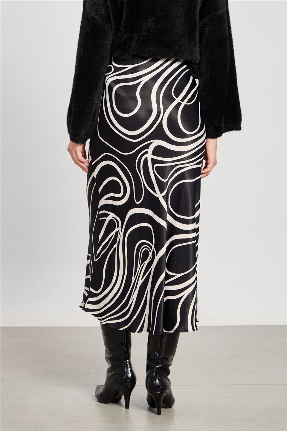 Kadın Çizgi Desen Midi Etek - Siyah Ekru