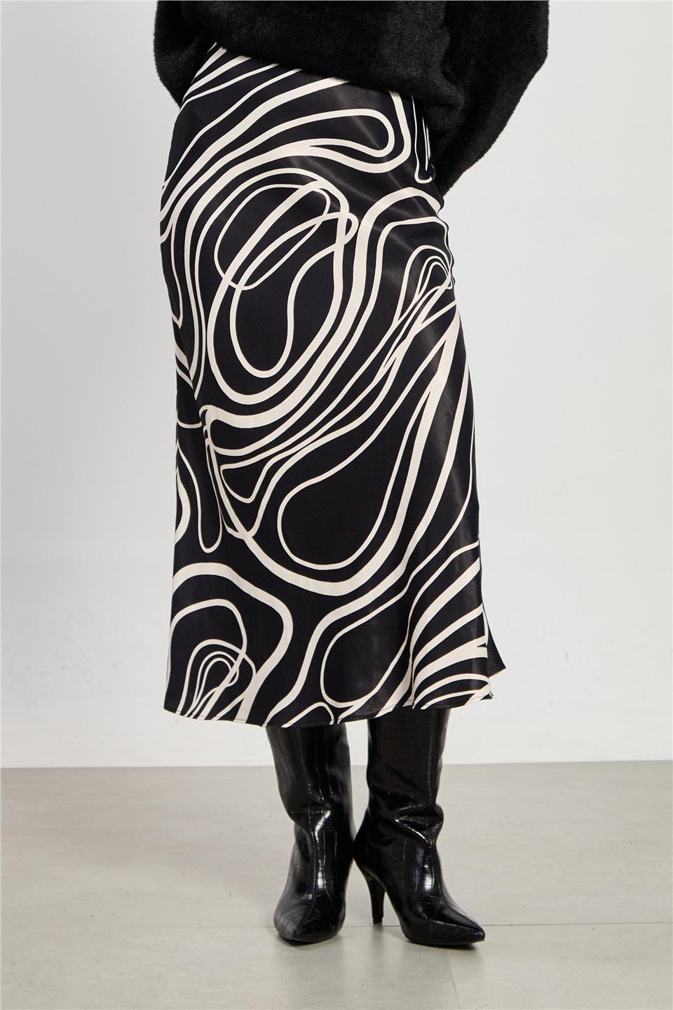 Kadın Çizgi Desen Midi Etek - Siyah Ekru